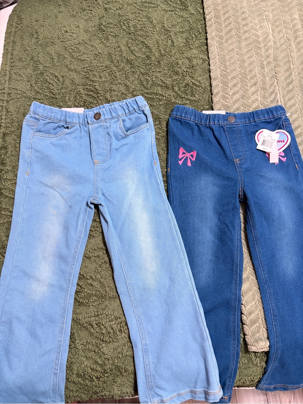 Velvet Light Blue & Dark Blue Kids Pull-On Denim Jeggings with Pink Bow